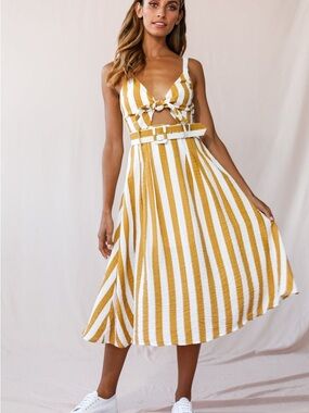 Striped Mustard & White Tie-Front Midi Dress — Women